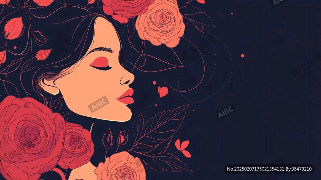 手繪抽象女人花草插畫