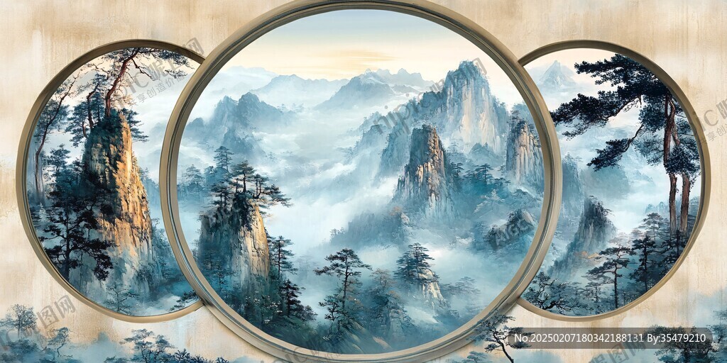 現代山水圓框裝飾畫