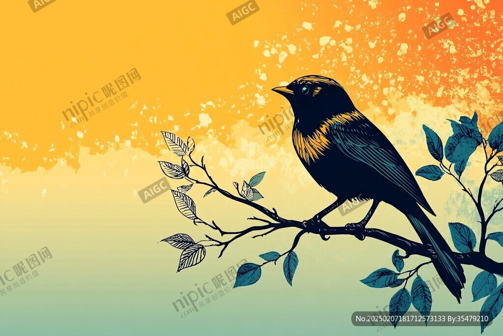 藍(lán)調(diào)花鳥樹枝背景