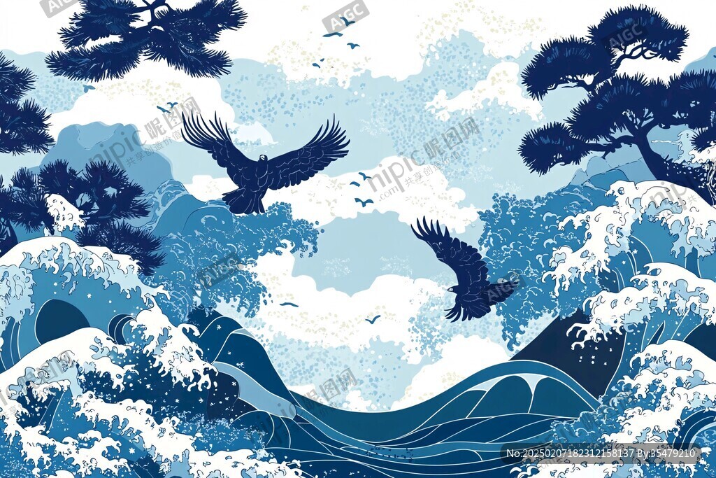 海浪仙鶴松樹