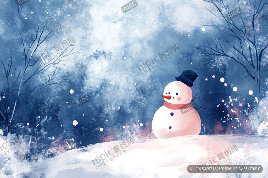 彩繪冬天里的雪人插畫