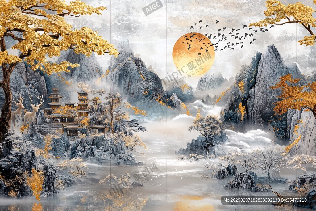 金色山水假山中式園林