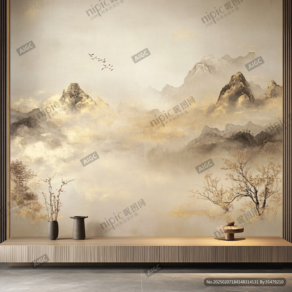 金色水墨群山背景墻