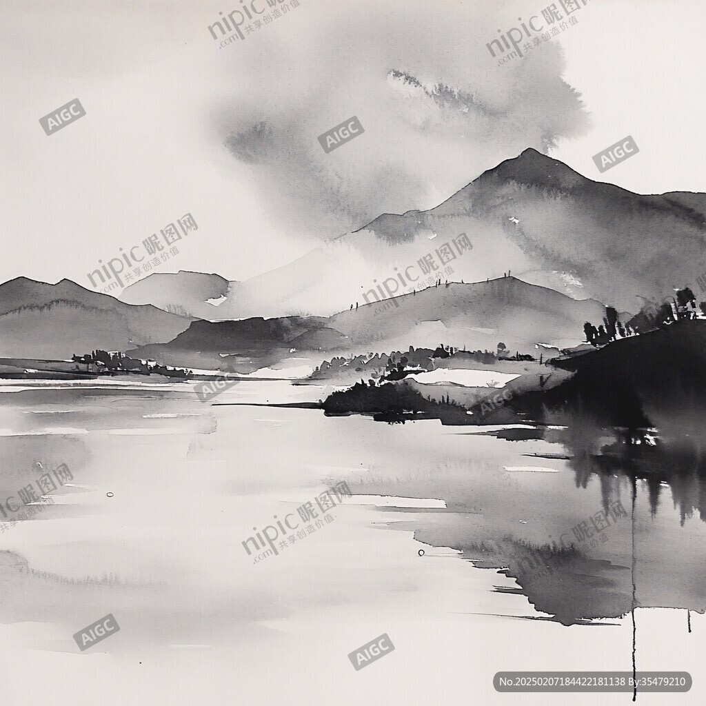湖景水墨畫