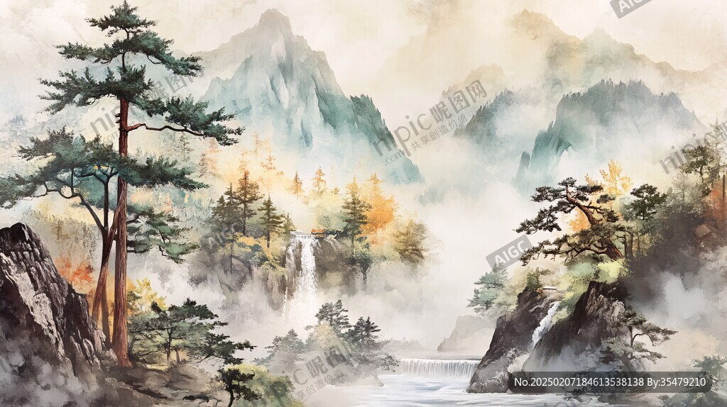 山水風(fēng)光禪意水彩畫