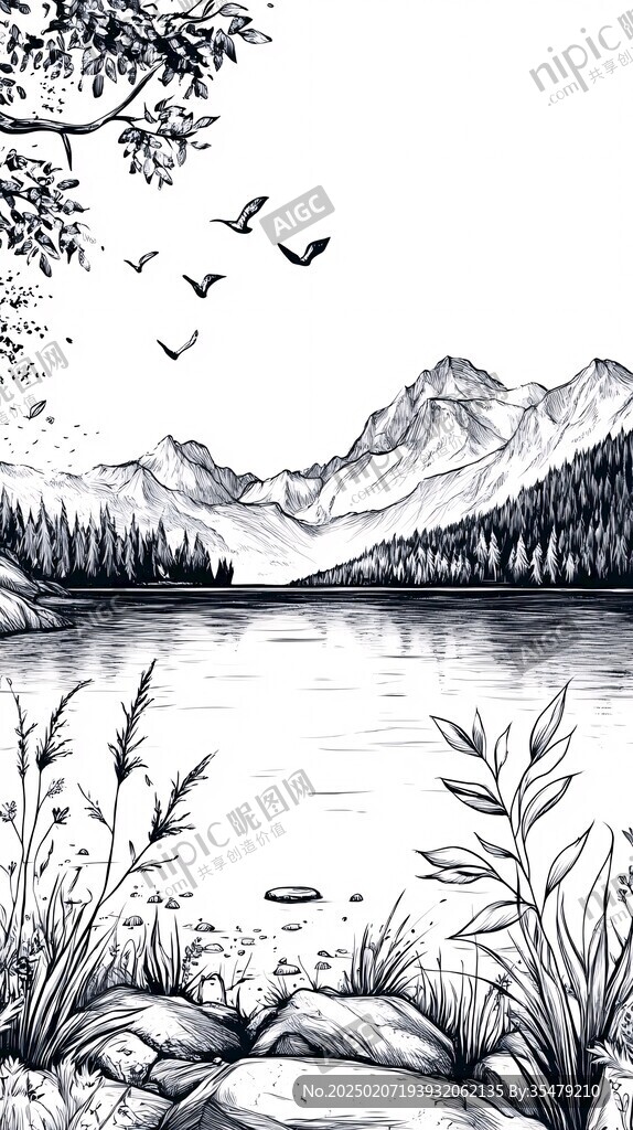 山林水手繪插畫