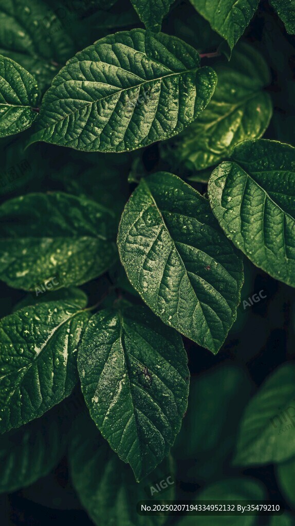 綠葉露珠雨中樹葉