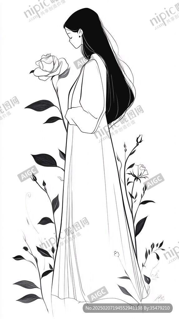 玫瑰花女孩線稿