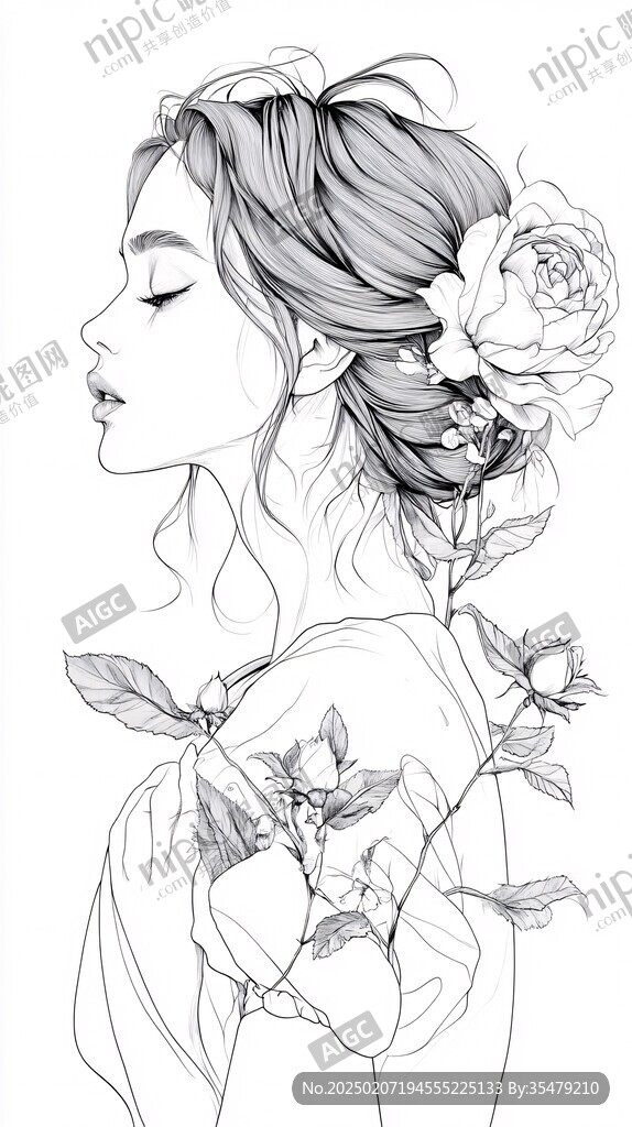 玫瑰花女孩線稿