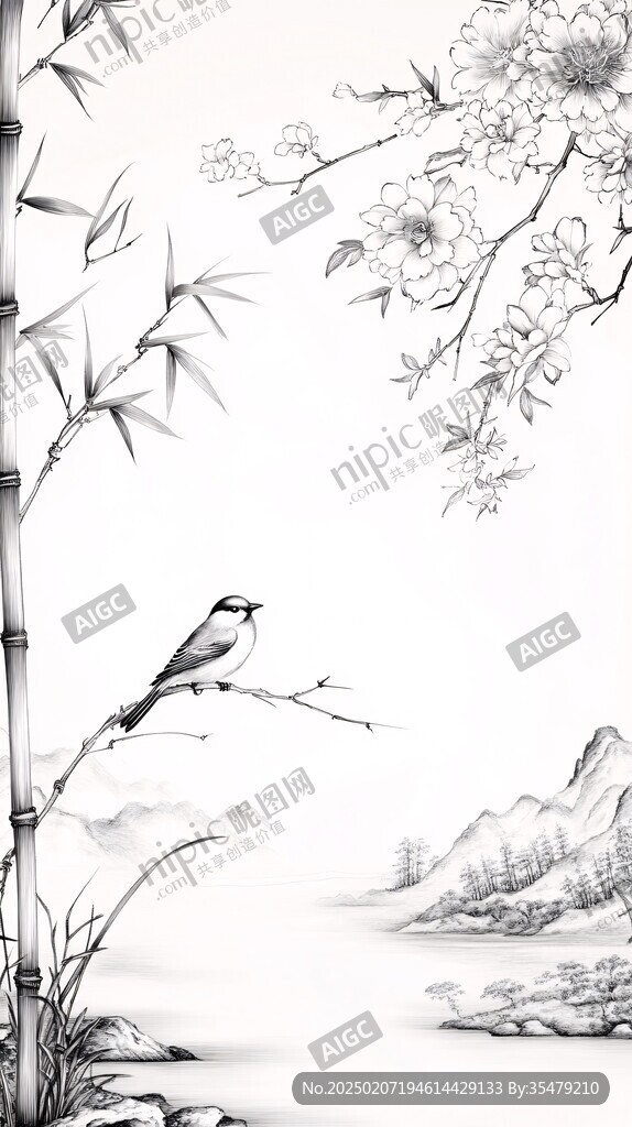 新中式手繪竹林花鳥(niǎo)