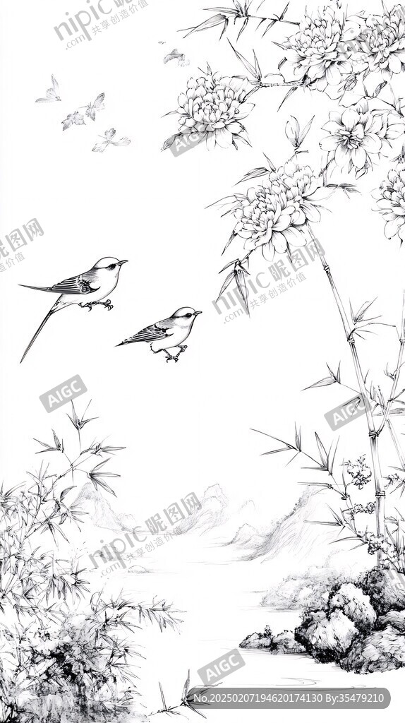 手繪工筆竹鳥