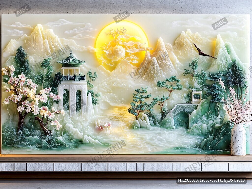 新中式山水描金樓閣畫