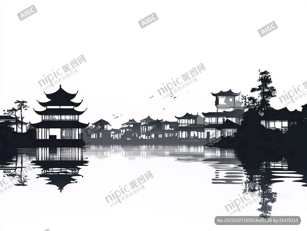 江南建筑插畫剪影素材