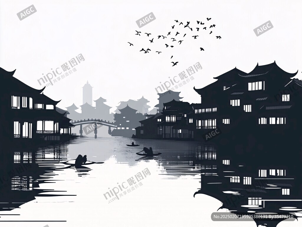 江南建筑插畫剪影