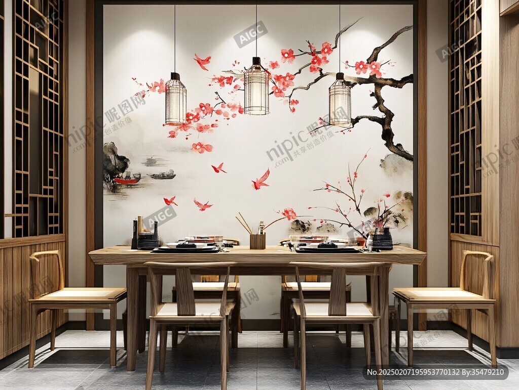 餐廳壁畫新中式裝飾墻