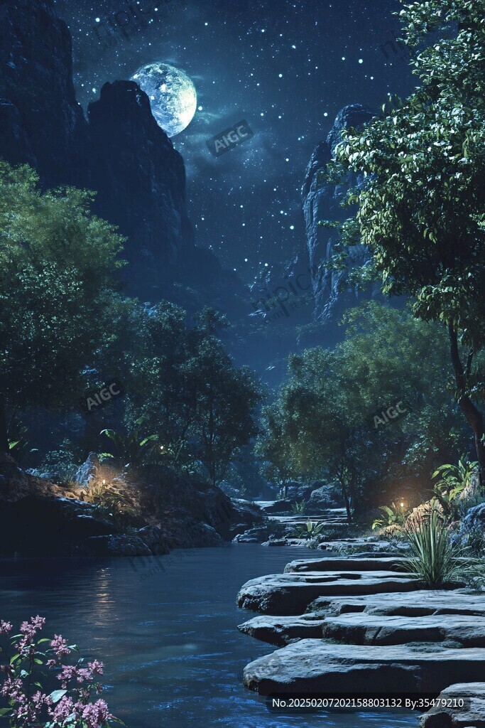 月色夜色夢幻森林背景