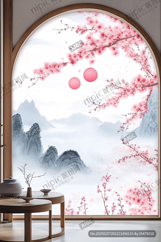 新中式桃花壁畫