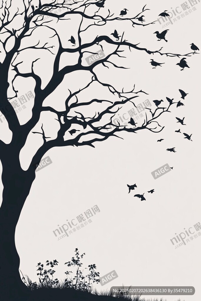 樹鳥剪影圖