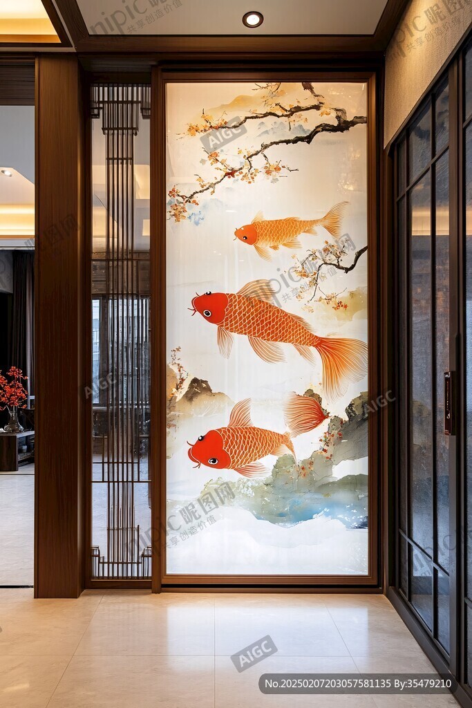 現(xiàn)代屏風(fēng)鯉魚圖