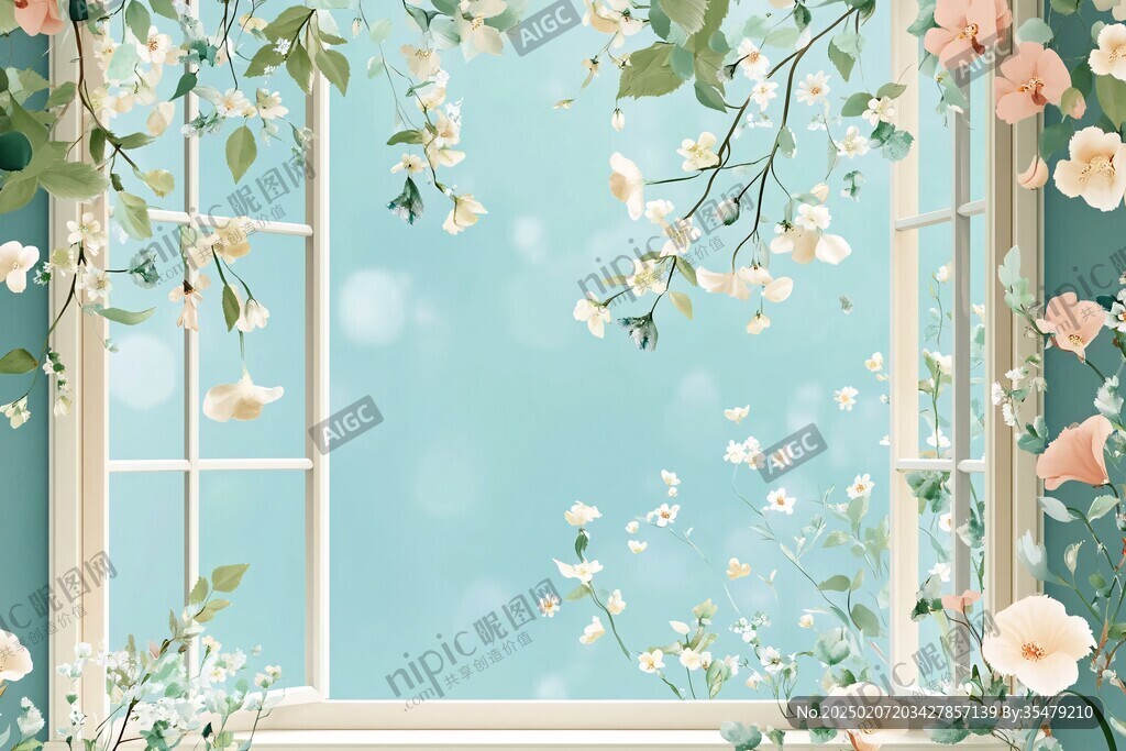 開滿鮮花的窗戶插畫
