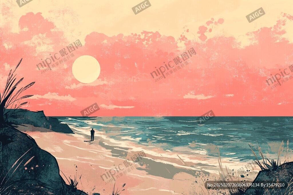 海邊落日插畫