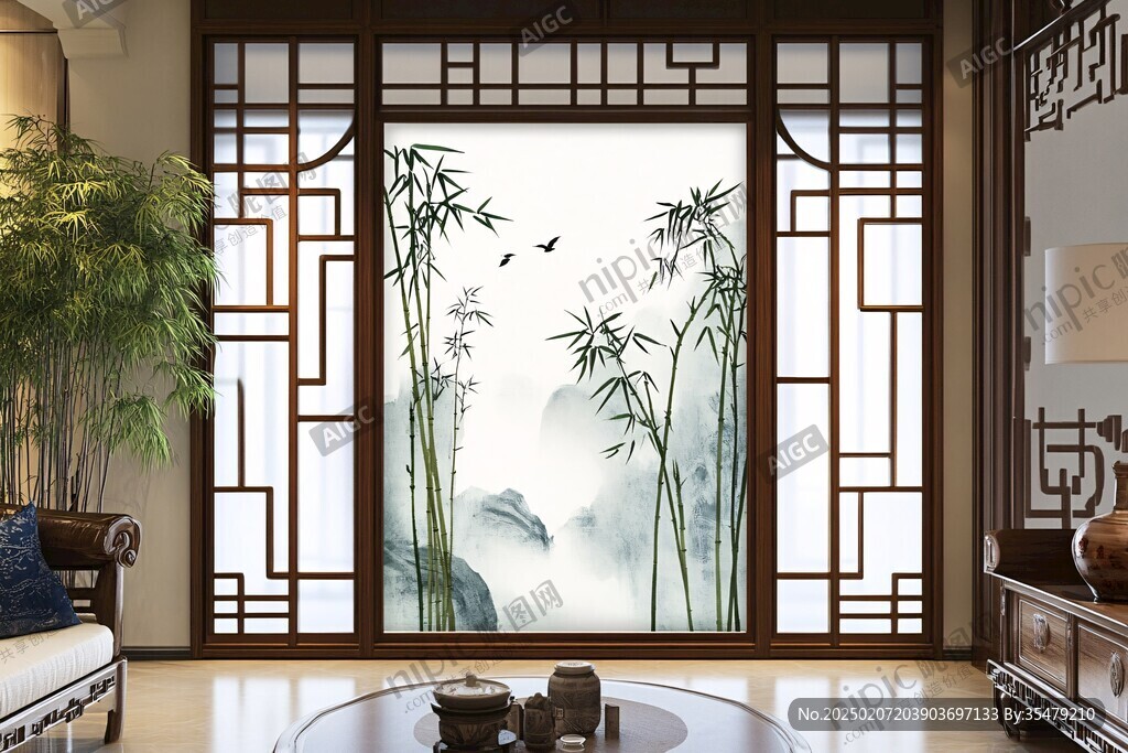 中式窗景插畫