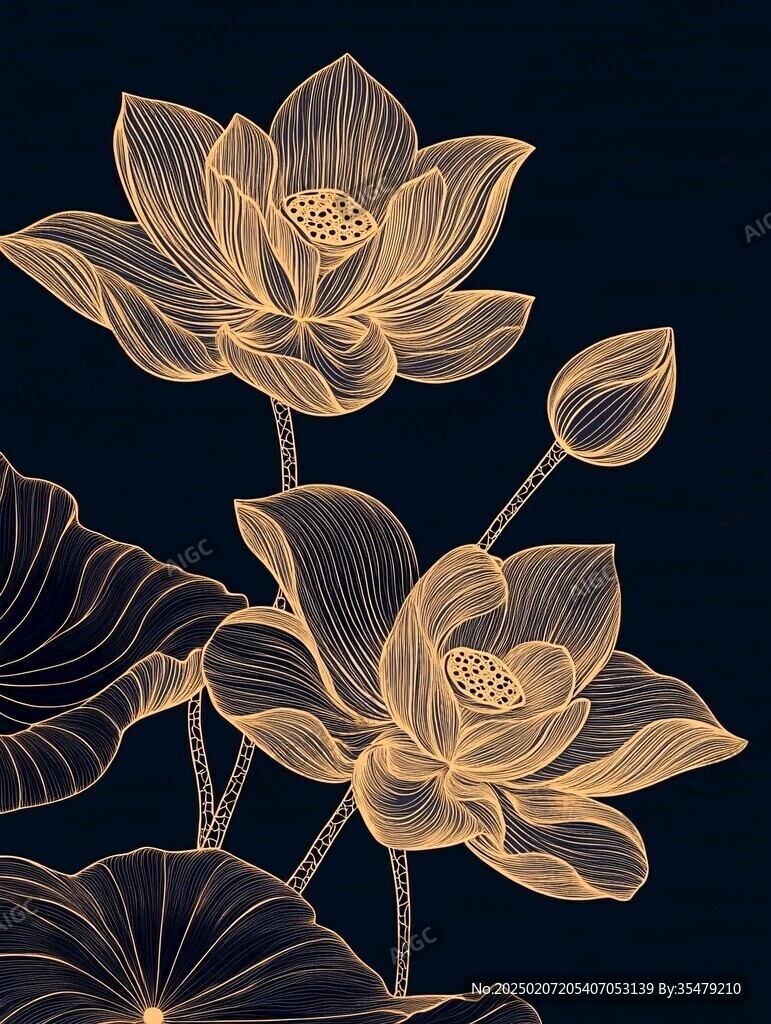 深藍背景荷花圖