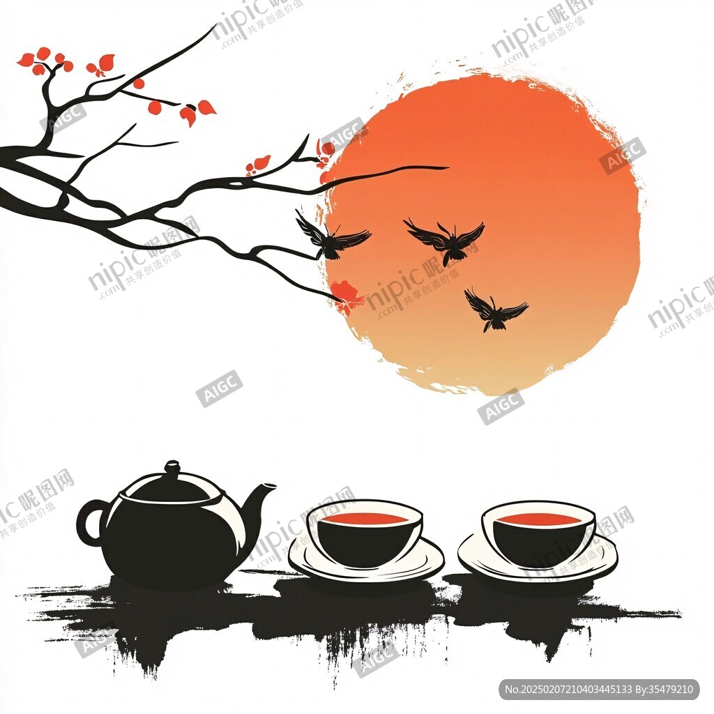 茶壺茶杯寫意水墨畫