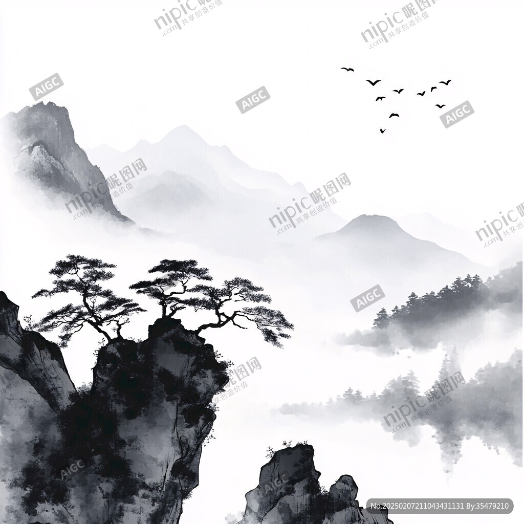 迎客松水墨山川