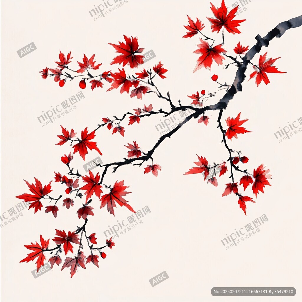 手繪工筆紅葉