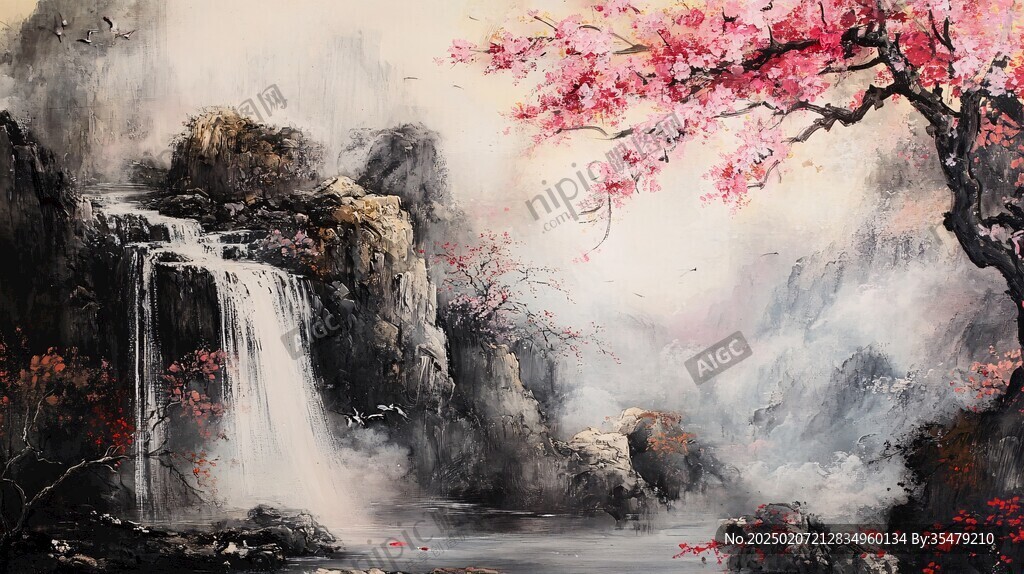 桃花風景油畫