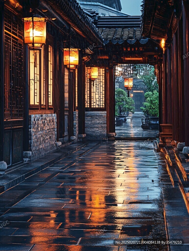 傳統(tǒng)建筑走廊夜景