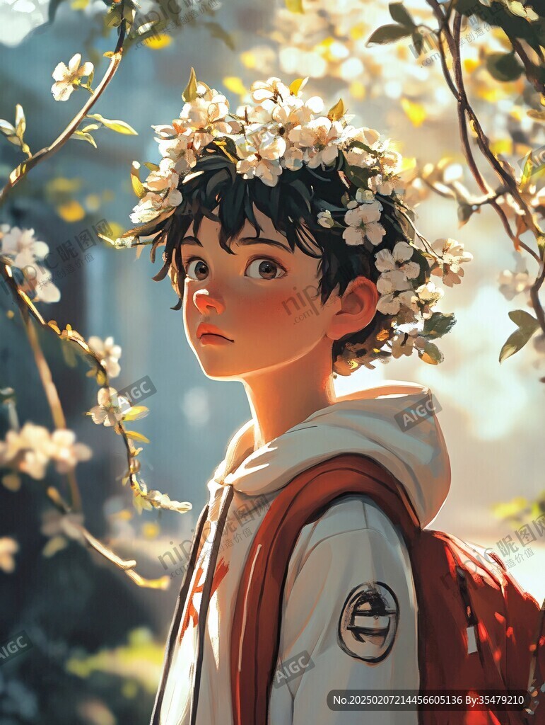 男孩捧花插畫