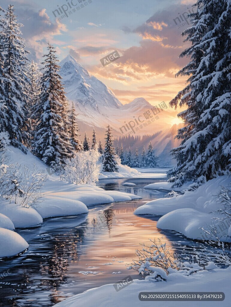 冬天森林夕陽雪景