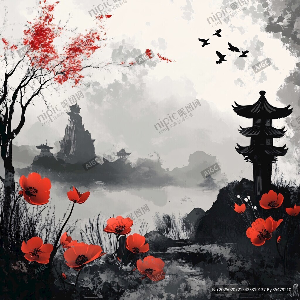 樓閣山水意境畫(huà)