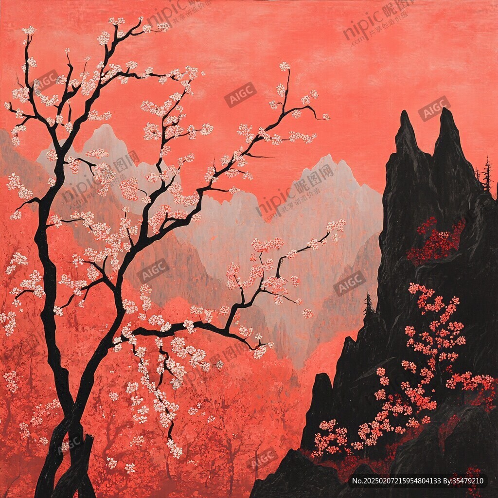 工筆紅梅山水畫