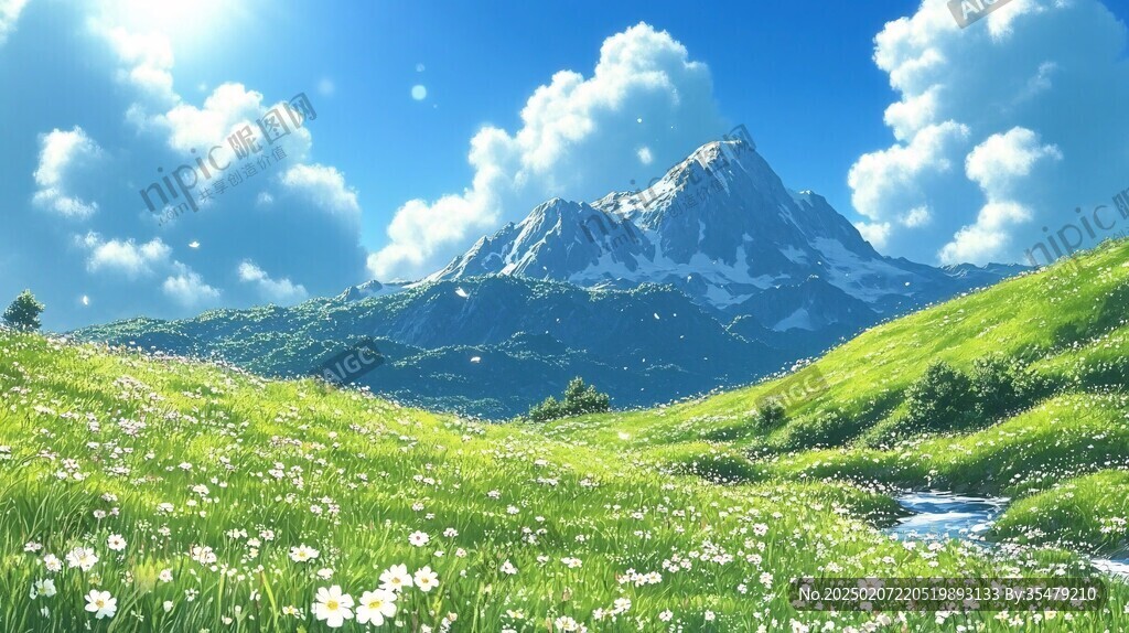 藍(lán)天白云山脈草地背景
