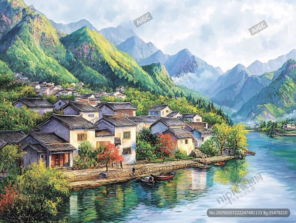 裝飾畫無框畫山腳民居