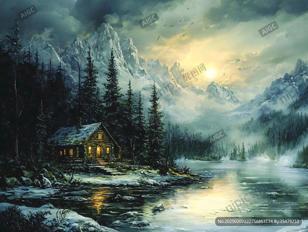 手繪雪夜風(fēng)景無框畫
