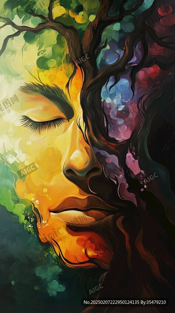 手繪彩色樹人裝飾畫