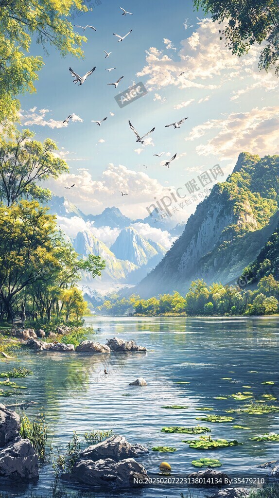 插畫山水湖