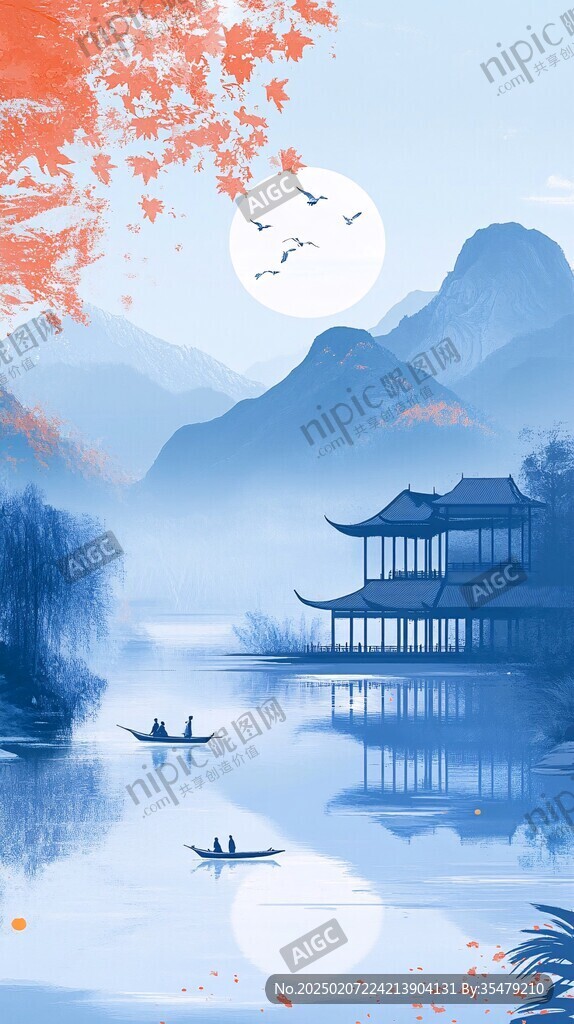 古風秋天景色插畫