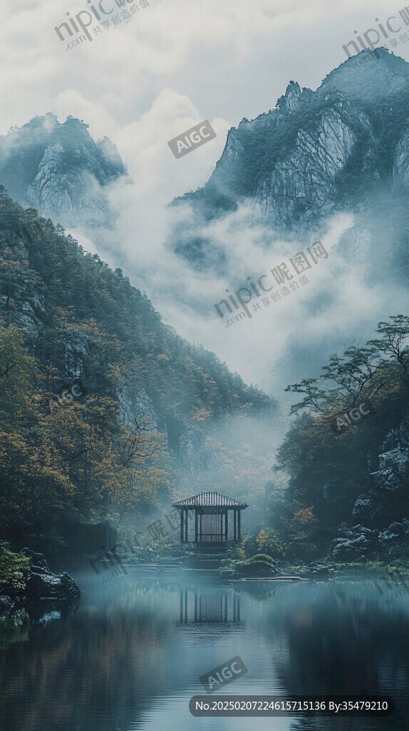 山霧朦朧山水之間屏風(fēng)