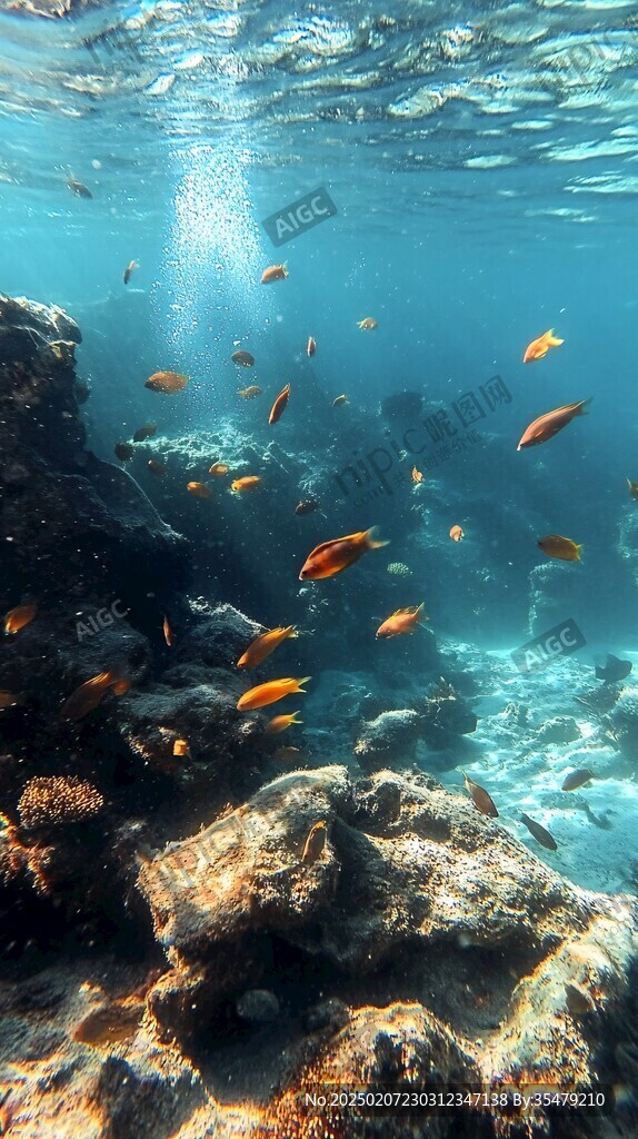 高清珊瑚礁前魚群游動