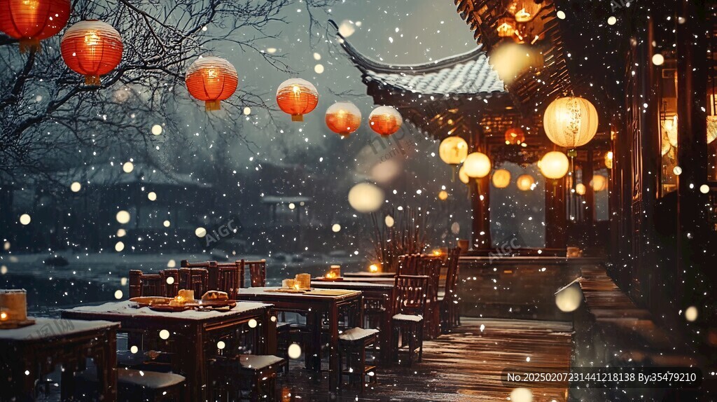 飄雪雪花雪景燈籠