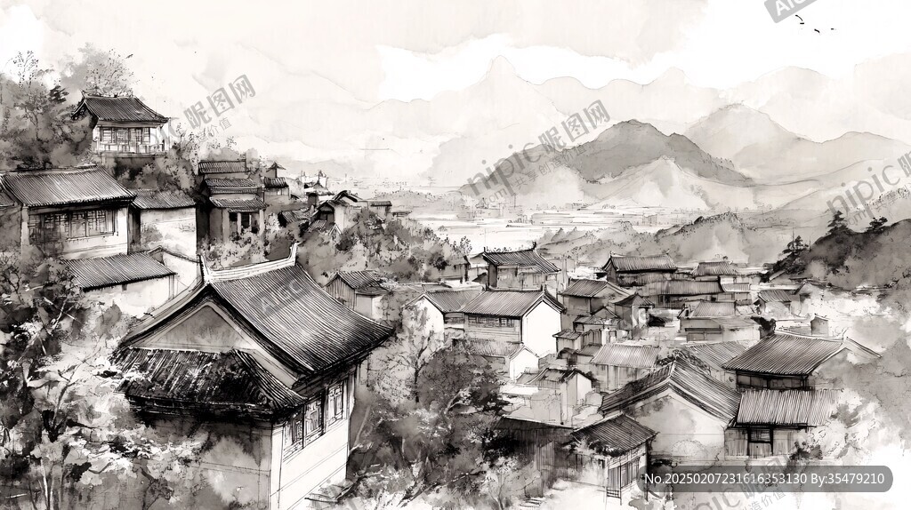 插畫橫店水彩水墨山水