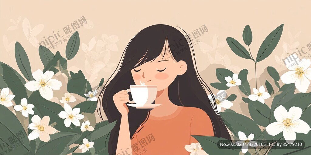 喝茉莉花茶插畫