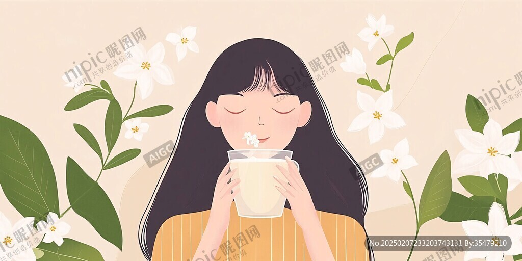 喝茉莉花茶插畫