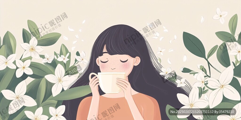 喝茉莉花茶插畫
