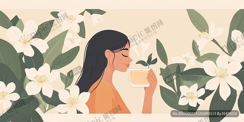 茉莉花茶女孩插畫